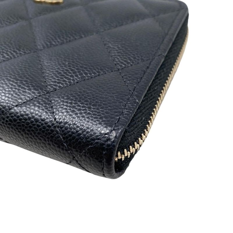 Chanel Bifold Wallet Small Zip Wallet Quilted Caviar Leather CC Logo
