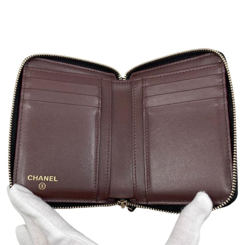 Chanel Bifold Wallet Small Zip Wallet Quilted Caviar Leather CC Logo