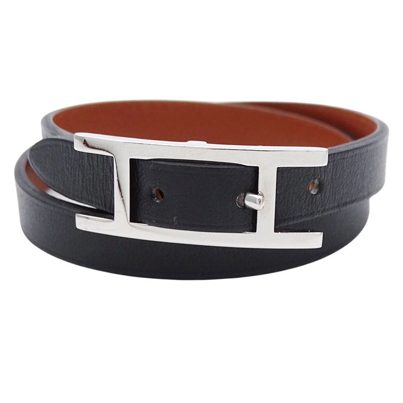 Hermes Bracelet Double Tour Black Brown Silver XS Reversible