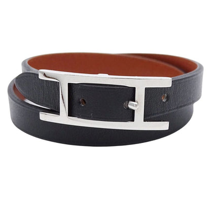 Hermes Bracelet Double Tour Black Brown Silver XS Reversible
