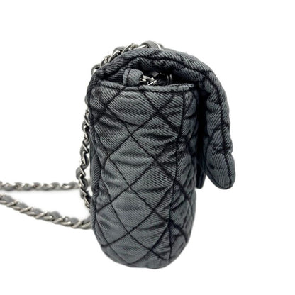 Chanel Bag Quilted Chain Shoulder Washed Denim Black Gray Silver