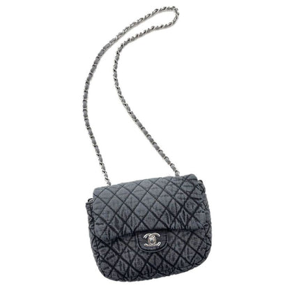 Chanel Bag Quilted Chain Shoulder Washed Denim Black Gray Silver