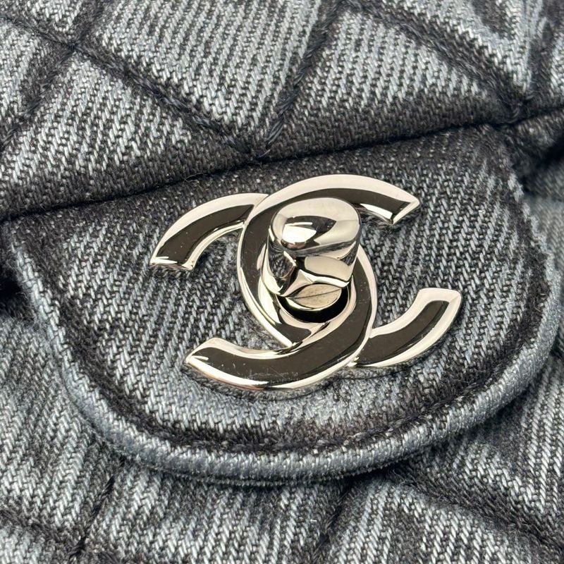 Chanel Bag Quilted Chain Shoulder Washed Denim Black Gray Silver