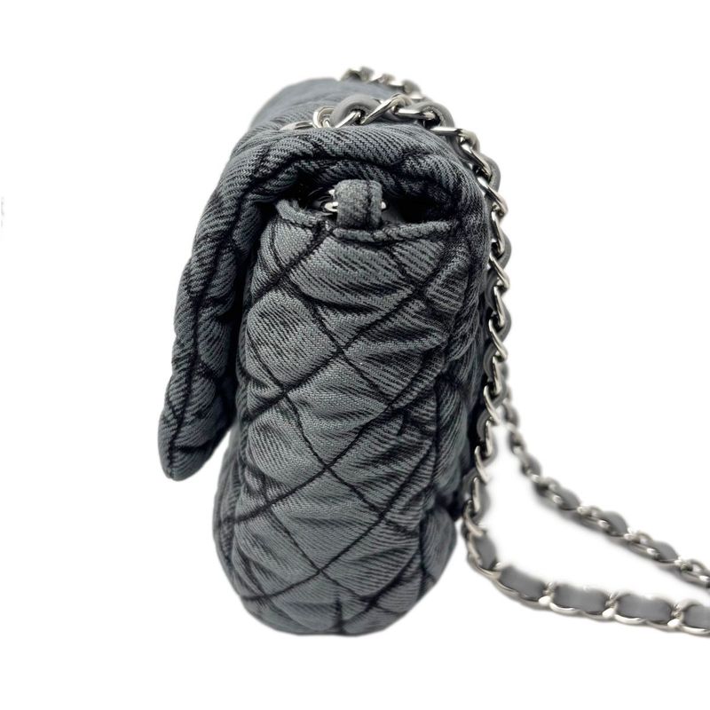 Chanel Bag Quilted Chain Shoulder Washed Denim Black Gray Silver