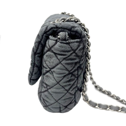 Chanel Bag Quilted Chain Shoulder Washed Denim Black Gray Silver