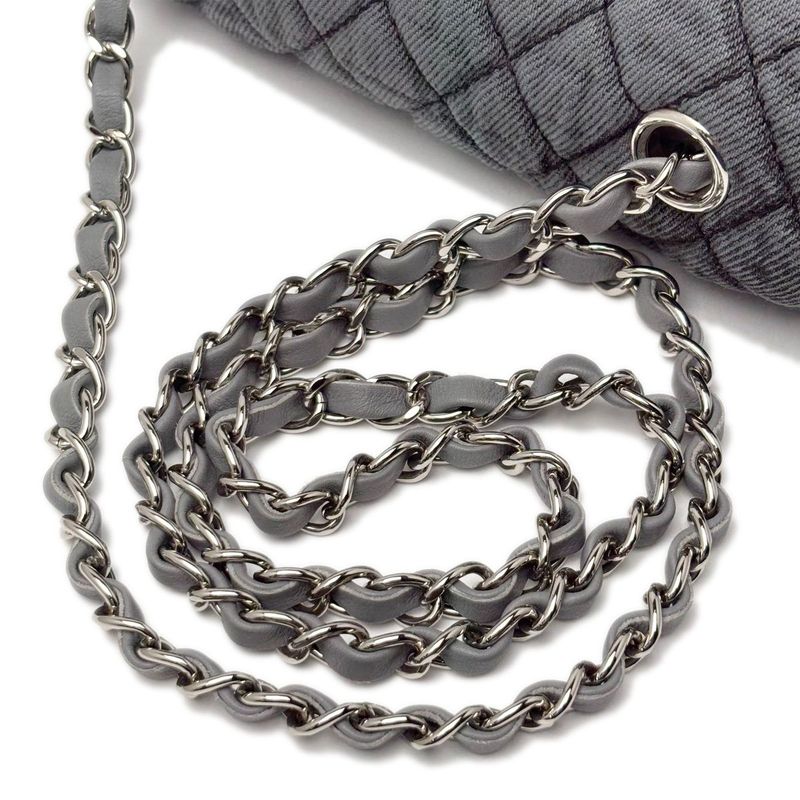 Chanel Bag Quilted Chain Shoulder Washed Denim Black Gray Silver