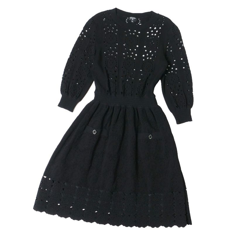 Chanel Dress 34 CC Button CC Logo Rhinestone Knit Black