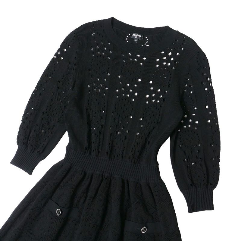 Chanel Dress 34 CC Button CC Logo Rhinestone Knit Black