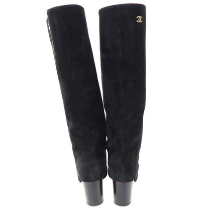 Chanel CC Logo Suede Leather Long Boots Black 37