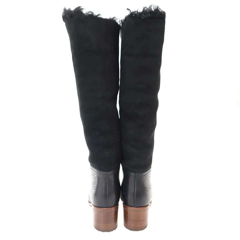 Chanel CC Logo Mouton Leather Long Boots Black 37