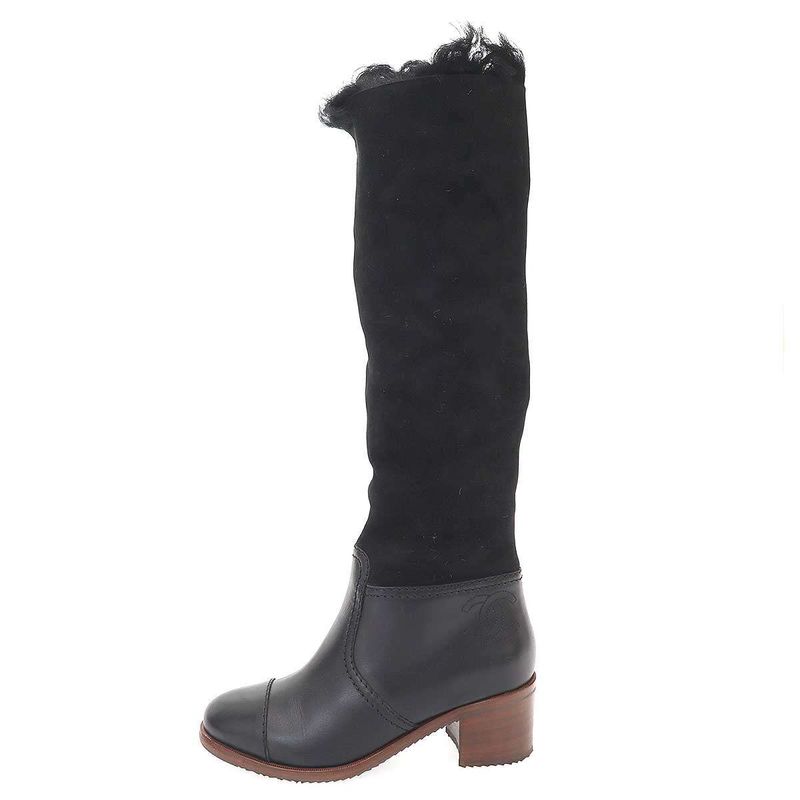 Chanel CC Logo Mouton Leather Long Boots Black 37