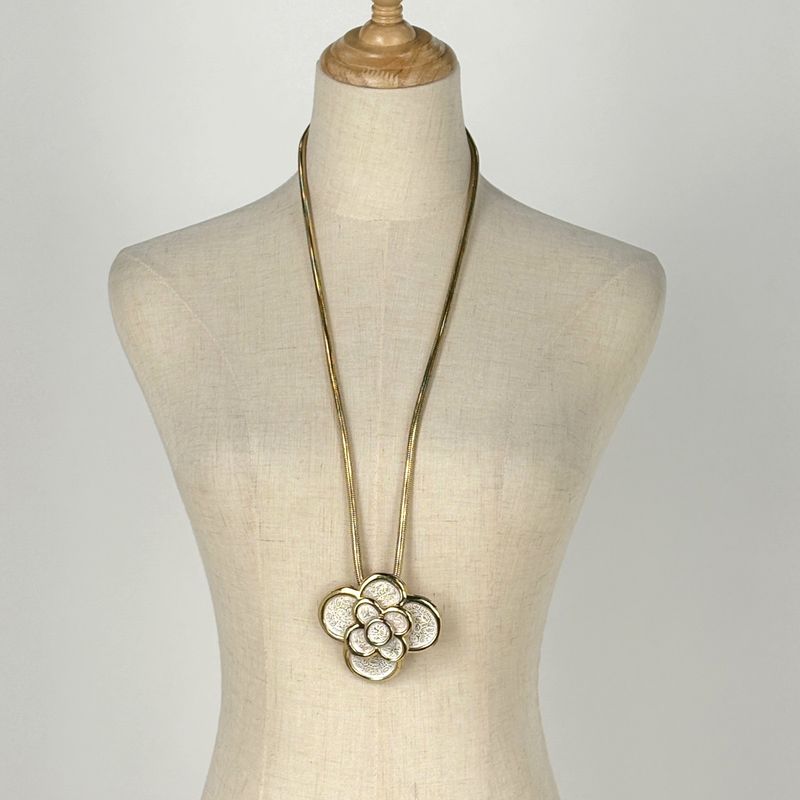 Dior Christian Long Necklace Flower Necklace Gold Plated White
