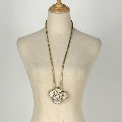 Dior Christian Long Necklace Flower Necklace Gold Plated White