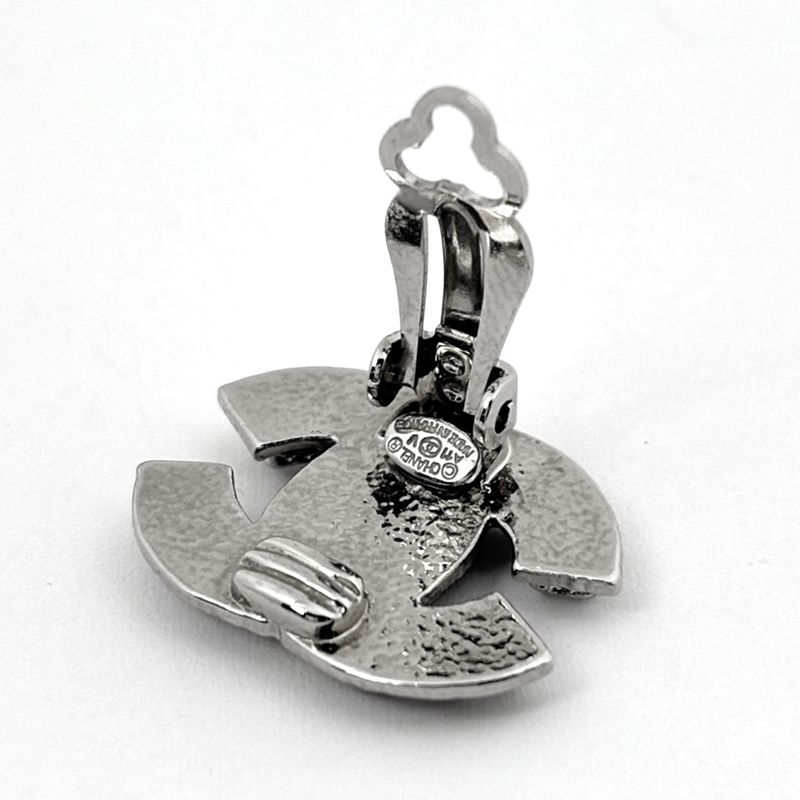 Chanel CC Logo Rhinestone Earrings Silver Plated