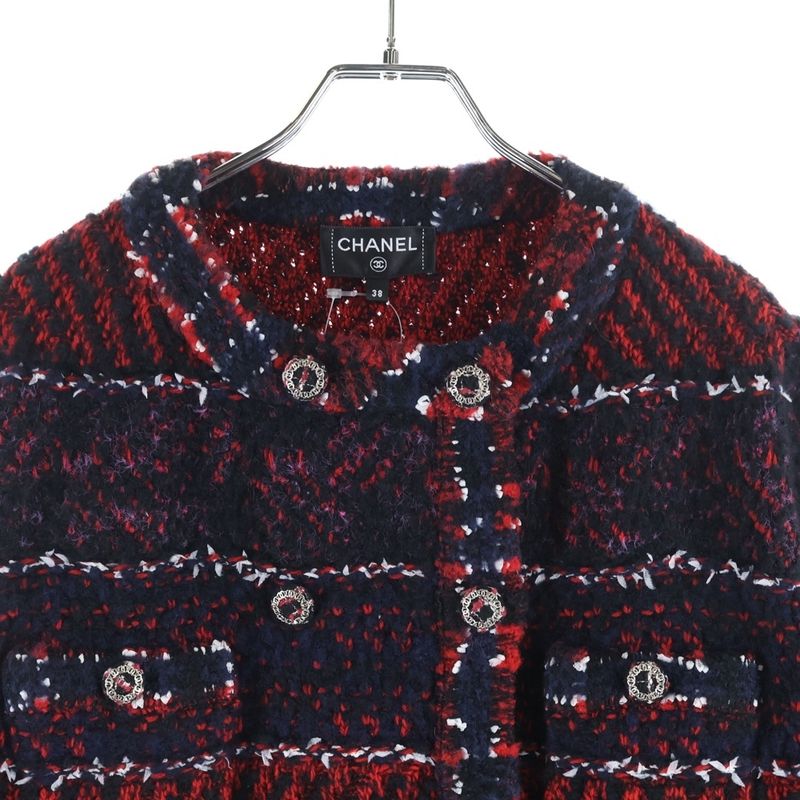 Chanel Tweed Jacket Silk Alpaca Blend No Color Navy Red