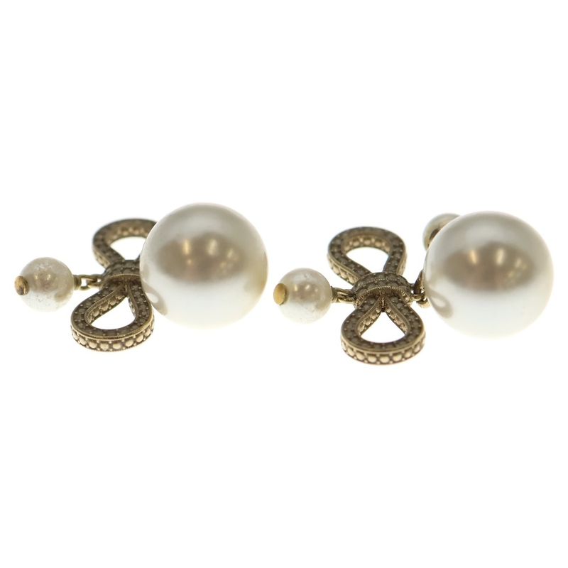 Dior Ribbon Pearl Earrings Rhinestone Gold