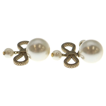 Dior Ribbon Pearl Earrings Rhinestone Gold