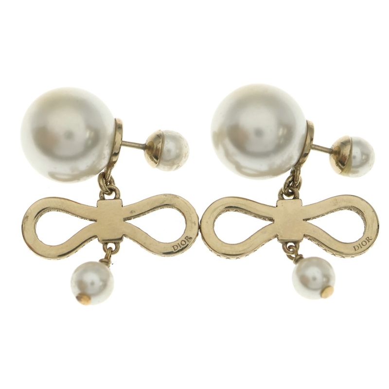 Dior Ribbon Pearl Earrings Rhinestone Gold