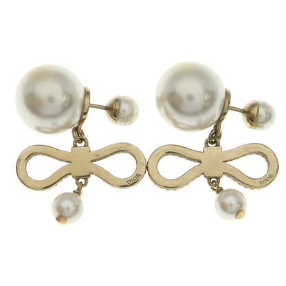 Dior Ribbon Pearl Earrings Rhinestone Gold