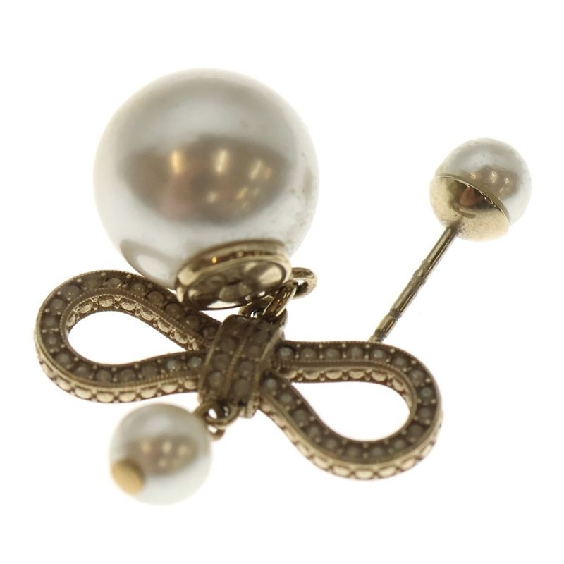Dior Ribbon Pearl Earrings Rhinestone Gold