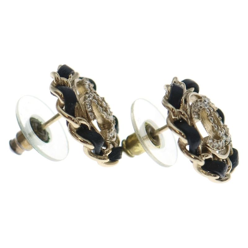 Chanel CC Logo Round Chain Rhinestone Earrings Gold Black