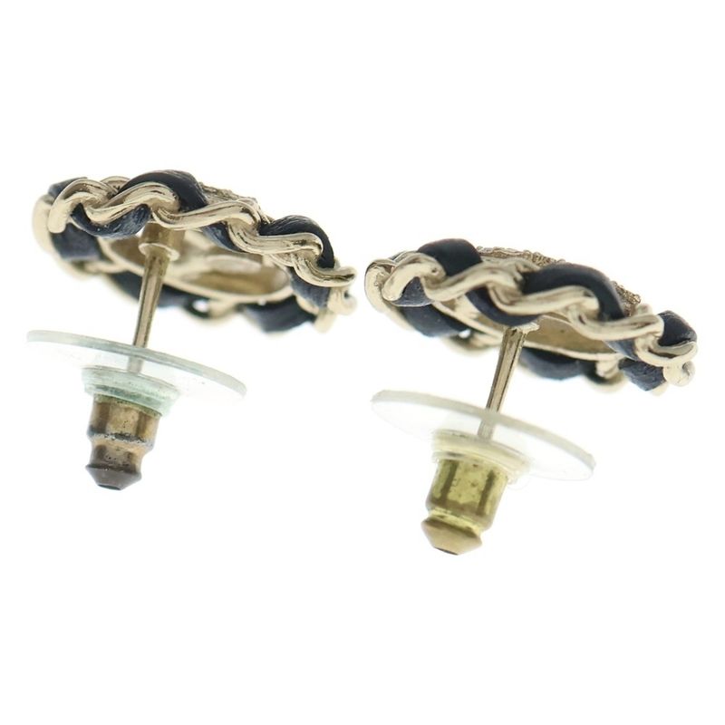 Chanel CC Logo Round Chain Rhinestone Earrings Gold Black