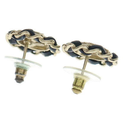 Chanel CC Logo Round Chain Rhinestone Earrings Gold Black