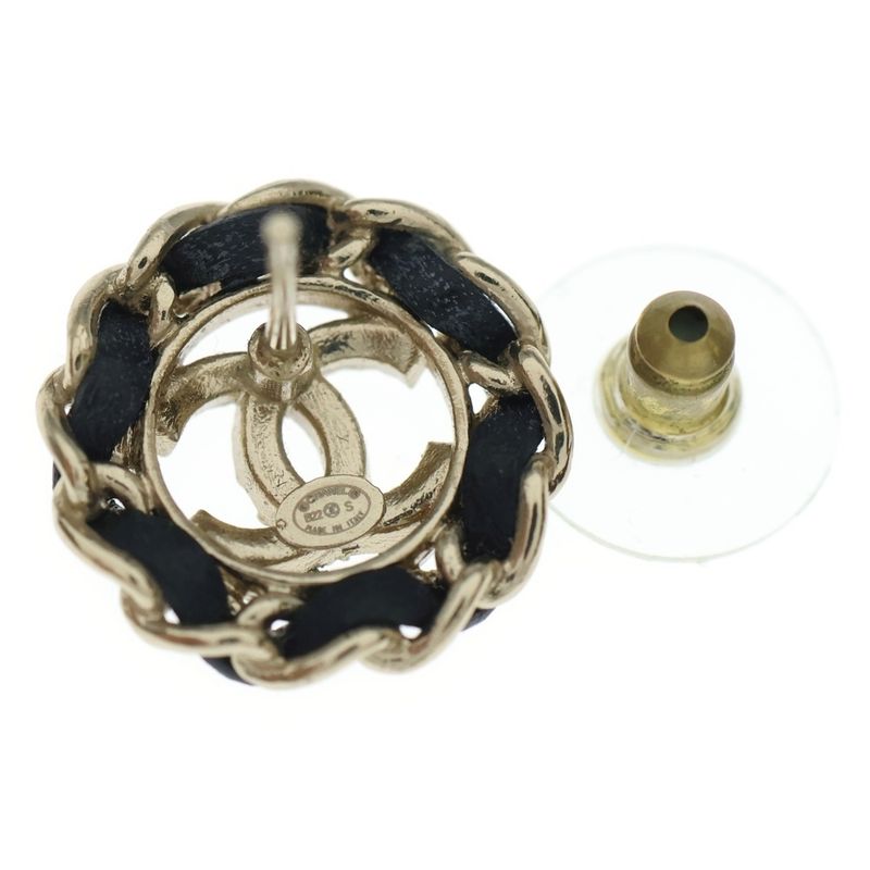 Chanel CC Logo Round Chain Rhinestone Earrings Gold Black