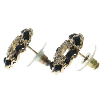 Chanel CC Logo Round Chain Rhinestone Earrings Gold Black