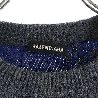 Balenciaga Allover Logo Wool Material Crew Neck Knit Sweater Navy Blue