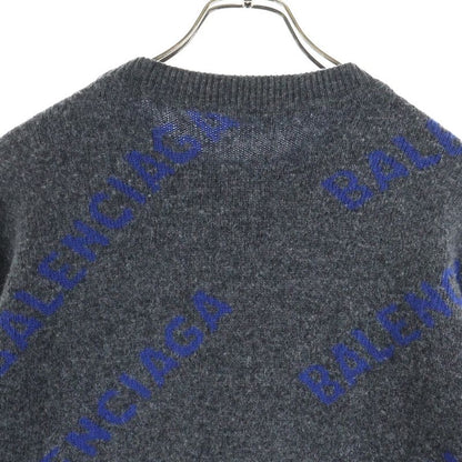Balenciaga Allover Logo Wool Material Crew Neck Knit Sweater Navy Blue