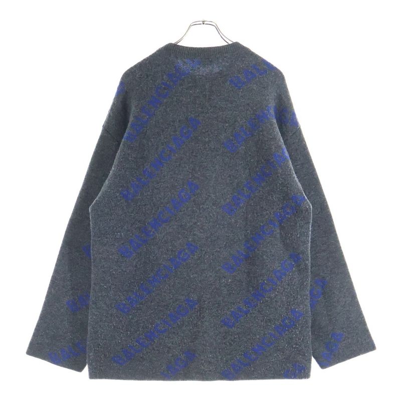 Balenciaga Allover Logo Wool Material Crew Neck Knit Sweater Navy Blue