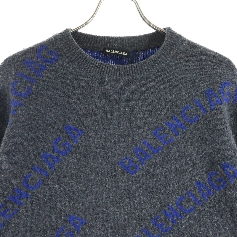 Balenciaga Allover Logo Wool Material Crew Neck Knit Sweater Navy Blue