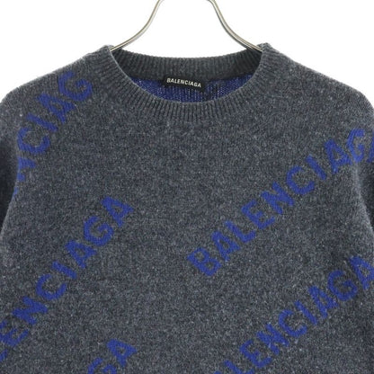Balenciaga Allover Logo Wool Material Crew Neck Knit Sweater Navy Blue