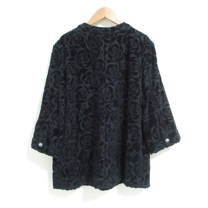 Chanel Camellia Pattern Velour Collarless Jacket 40 Black