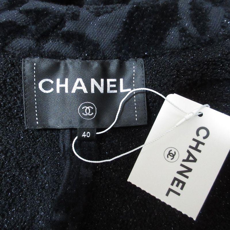 Chanel Camellia Pattern Velour Collarless Jacket 40 Black