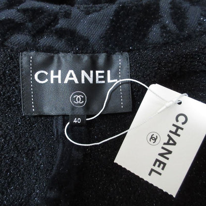 Chanel Camellia Pattern Velour Collarless Jacket 40 Black
