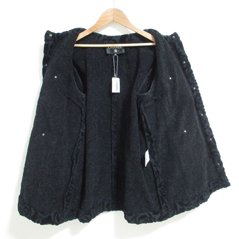 Chanel Camellia Pattern Velour Collarless Jacket 40 Black