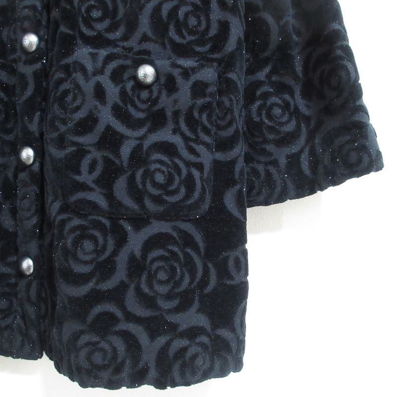 Chanel Camellia Pattern Velour Collarless Jacket 40 Black