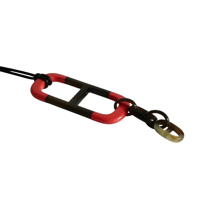 Hermes Amar Buffalo Horn Leather Cord Pendant Necklace Red Brown