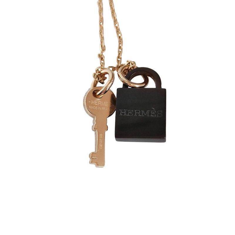 Hermes Amulet Padlock PM Chain Necklace Gold Color Black
