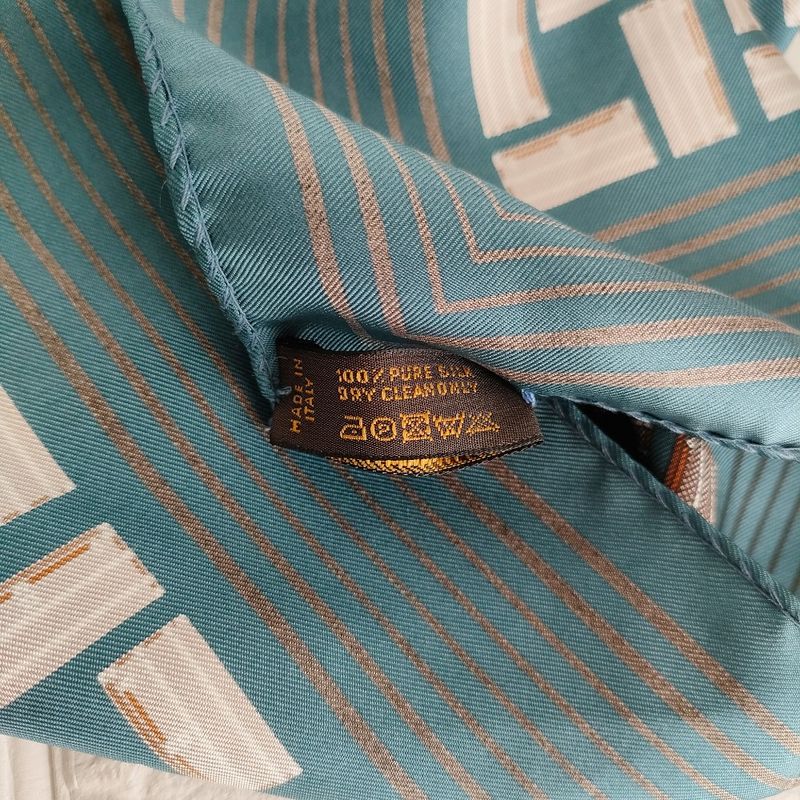 Louis Vuitton 100% Silk Trunk Pattern Bandana Scarf Blue Brown