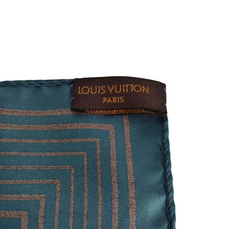 Louis Vuitton 100% Silk Trunk Pattern Bandana Scarf Blue Brown