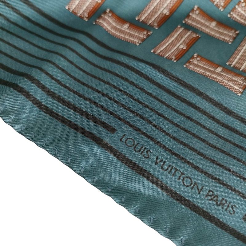 Louis Vuitton 100% Silk Trunk Pattern Bandana Scarf Blue Brown