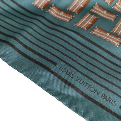Louis Vuitton 100% Silk Trunk Pattern Bandana Scarf Blue Brown