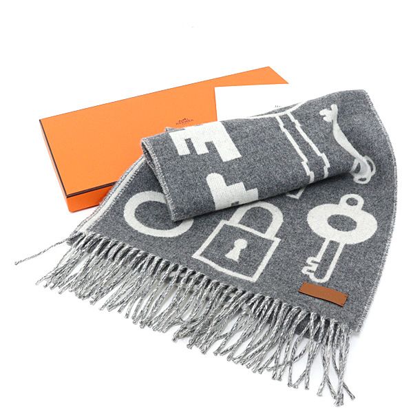 Hermes Hermrs Cashmere Muffler Kazak Keys Collection 100% Cashmere Gray Key Scarf
