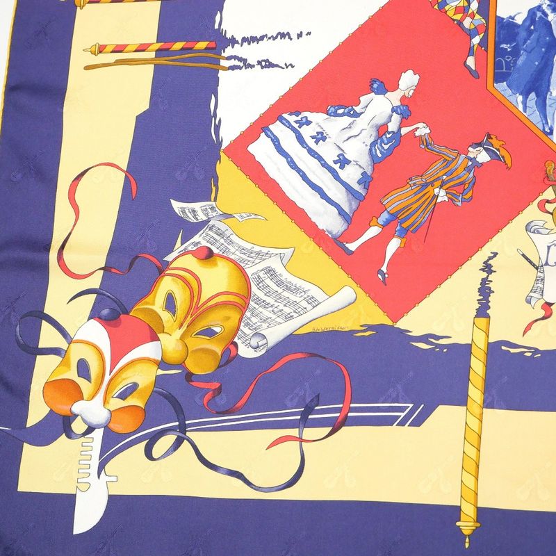 Hermes Carre 90 le Carnaval de Venise Carnival Scarf Silk Twill Navybased Multicolor