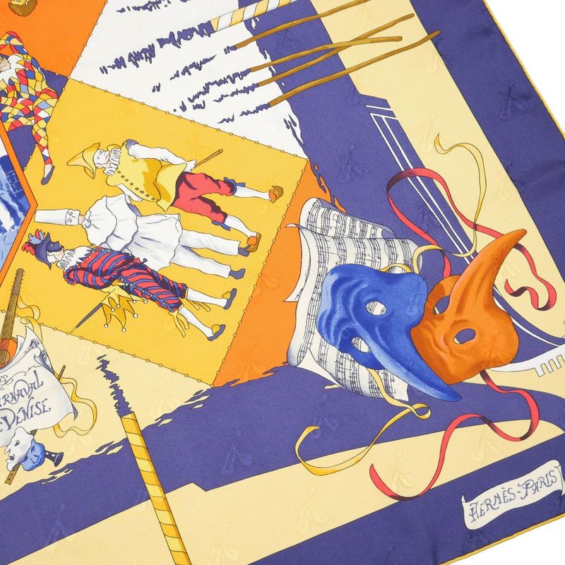 Hermes Carre 90 le Carnaval de Venise Carnival Scarf Silk Twill Navybased Multicolor