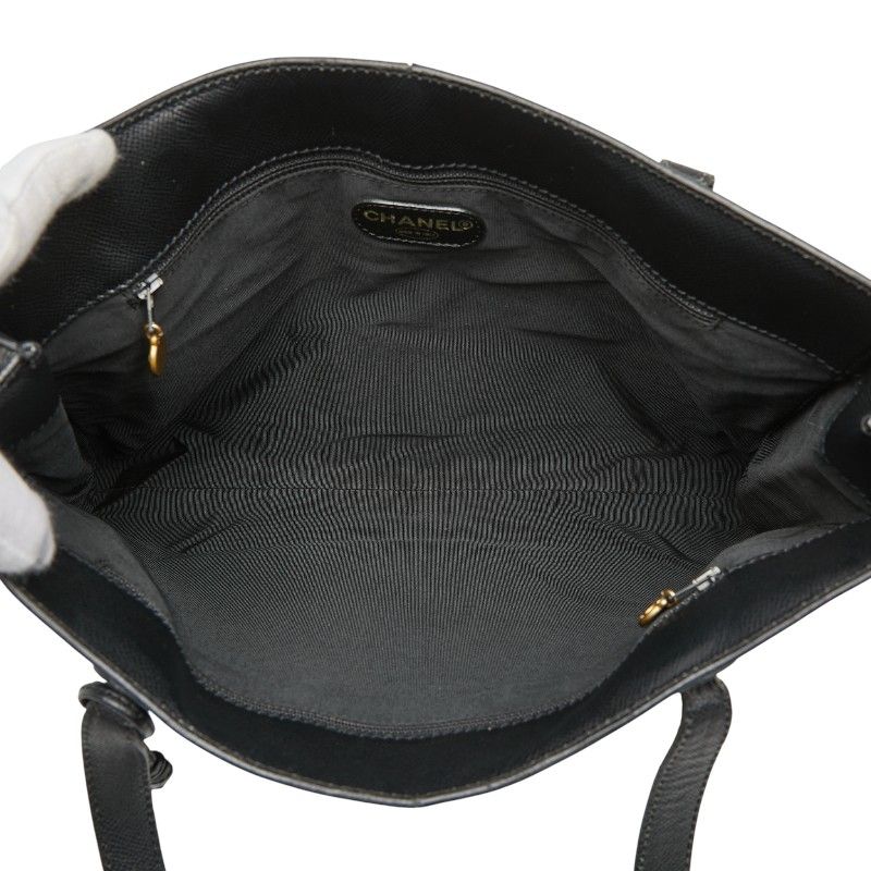 Chanel Logo Charm Tote Shoulder Bag Black Caviar Leather