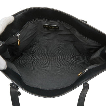 Chanel Logo Charm Tote Shoulder Bag Black Caviar Leather